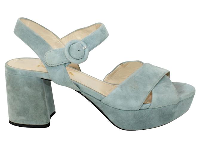 Prada Light Blue Suede Block Heel Sandals Leather  ref.806571