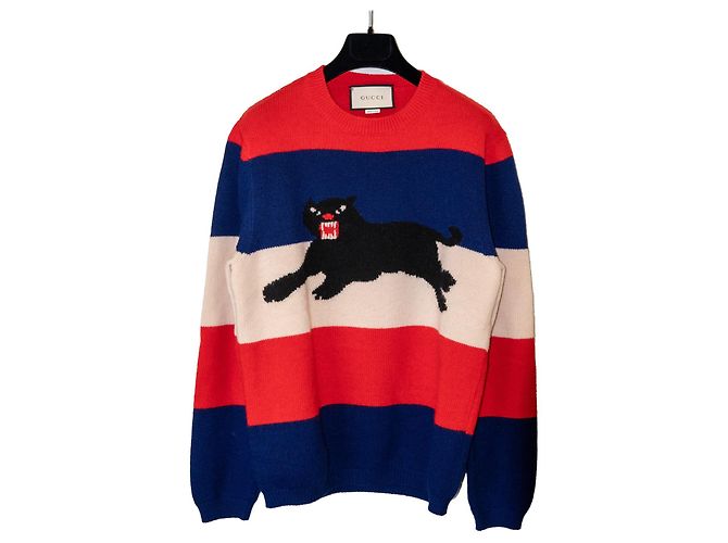 Gucci Wollpullover mit Muster Rot Blau Cremeweiß Aus weiß 