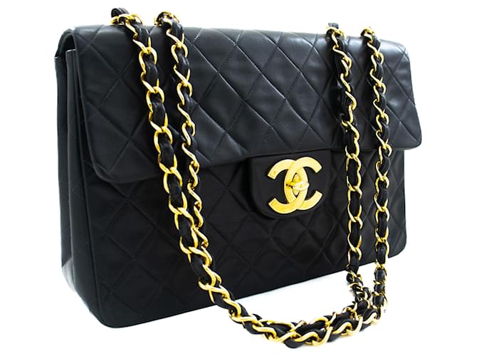 CHANEL Classic Large 13" Flap Chain Shoulder Bag Black Lambskin Leather  ref.807374