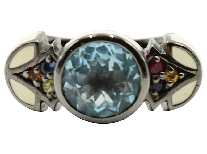 Autre Marque Ring aus Elfenbein-Emaille und blauem Topas  ref.807697
