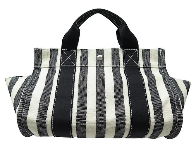 Hermès NEW HERMES CANNES MM CABAS HANDBAG IN BLACK AND WHITE COTTON NEW HAND BAG  ref.808050