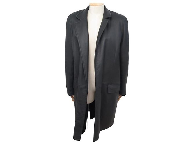 Hermès MANTEAU HERMES LONG DOUBLE EN CUIR D'AGNEAU NOIRBLACK LEATHER COAT JACKET