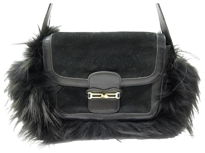 Céline VINTAGE HANDBAG CELINE CALECHE POTE SHOULDER SUEDE FUR BLACK FOX HAND BAG Leather  ref.808136