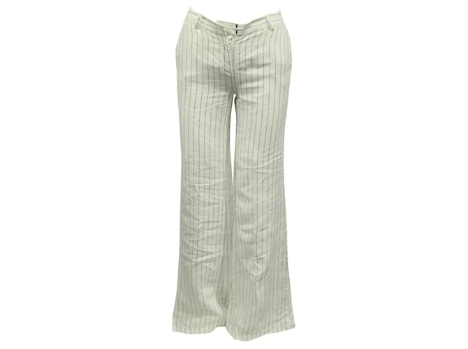Michael Kors Marfil con raya azul, lino, pantalones largos de pierna ancha Blanco Crudo  ref.808145