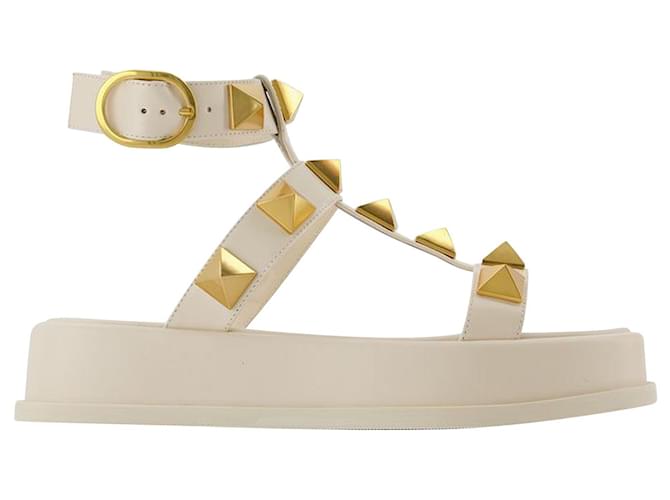 Sandalen mit römischen Nieten - Valentino Garavani - Elfenbein - Leder Weiß  ref.809076