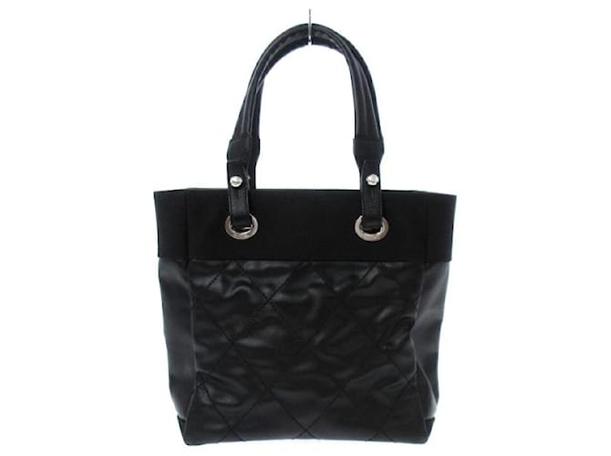 Chanel Paris Biarritz tote PM Black Leather Cloth Nylon ref.812169