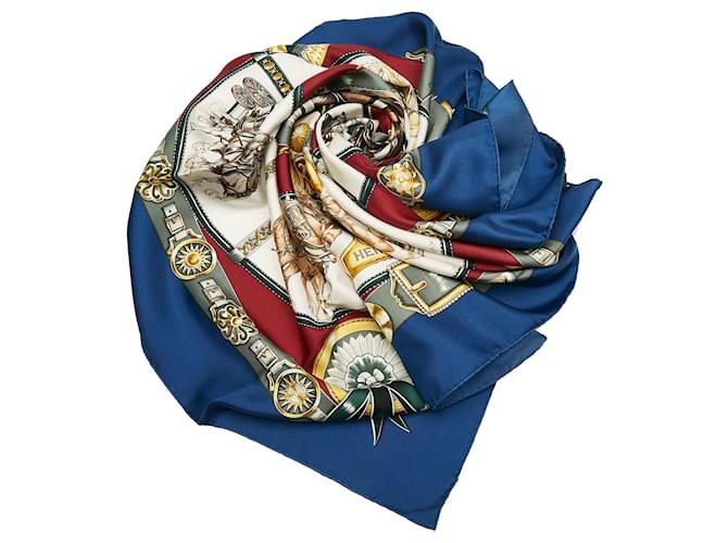 Hermès Foulard Hermes Bleu Chevaux de Trait en Soie Tissu  ref.815622