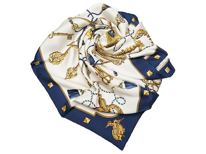 Hermès Foulard Hermes Blanc Les Cles En Soie Tissu Multicolore  ref.815625