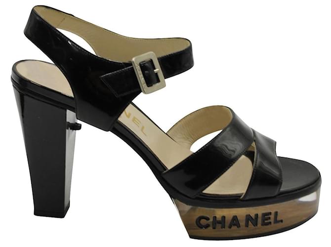 Chanel Vintage Lack- und Plexiglas-LED-Plateau-Sandalen Schwarz Leder  ref.815798