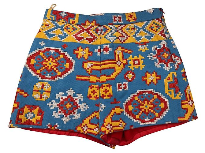 Pantaloncini Valentino in cotone blu con ricami argento rosso e giallo