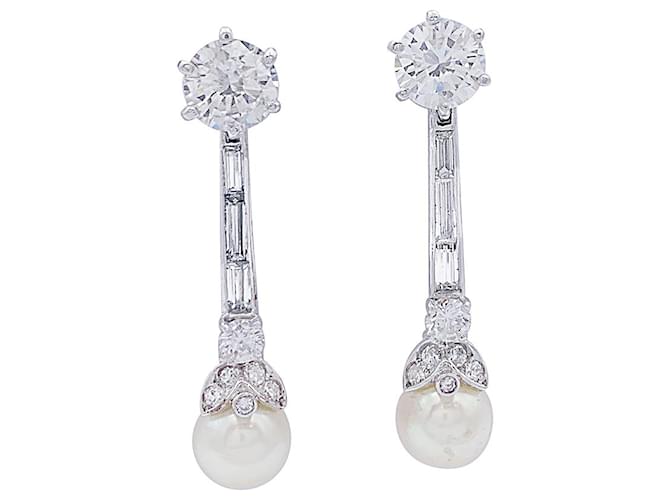 inconnue Orecchini pendenti in platino, perle e diamanti. Oro bianco Perla Diamante  ref.817198