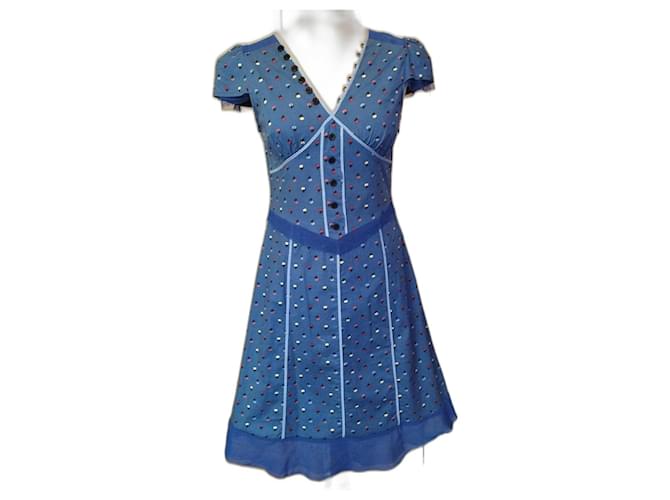 MARC JACOBS BRANDEBOURGS SPRING DRESS DRESS RUFFLES TULLE T UK 6 or 36/38 Blue Cotton  ref.817347