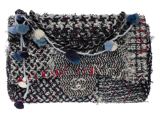 Chanel Timeless/Classique Jumbo Limited Edition Pompon Flap Handbag in Quilted Tweed Multicolored (Navy, White and red) Multiple colors  ref.817410