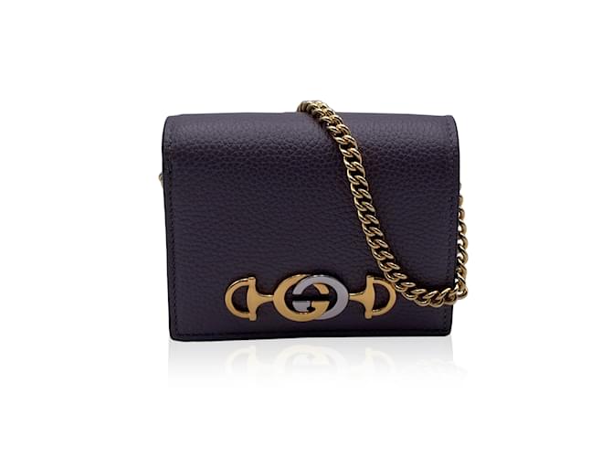 Gucci Grey Leather Zumi Credit Card Case Mini Wallet with Chain