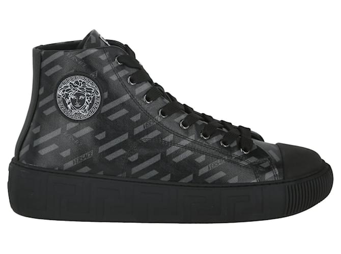 Versace La Greca Print High-Top Sneakers Black Leather  ref.818467