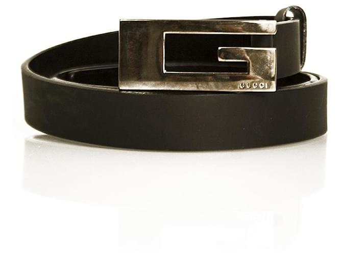 Gucci Silver G Monogram Buckle Matte Black Leather Thin Skinny Belt size 75  
