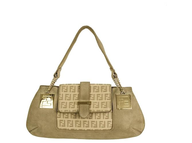 Fendi Beige Suede Leather Zucca FF Fabric Clutch Bag Handbag with Gold Hardware  ref.819358