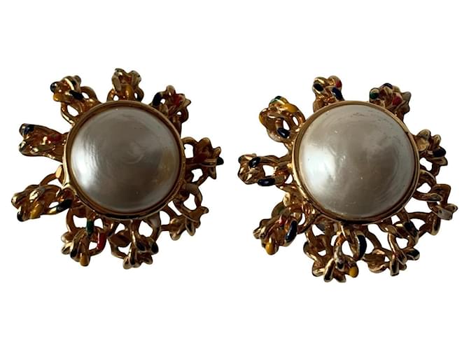 CHANEL 95A Vintage COCO Mark Earrings Jewelry Black Gold Sale!
