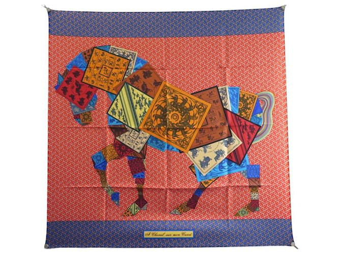 Hermès NEW HERMES A CHEVAL SCARF ON MON CARRE 90 SILK SCARF BOX BARRET Red  ref.821053