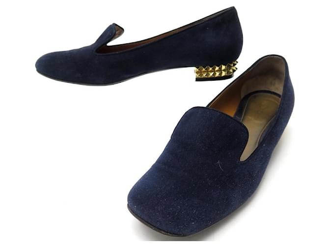 FENDI SMOKING SHOES WITH STUDDED HEEL 37.5IT 38.5FR NAVY BLUE SUEDE SLIPPER  ref.821080