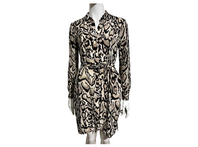 Diane Von Furstenberg DvF Prita robe-chemise ceinturée imprimé animal Soie Marron Multicolore  ref.821324