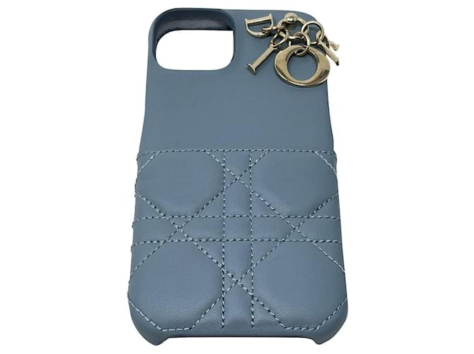 LADY DIOR CASE FOR IPHONE 13 PRO Cannage lambskin Blue Grey Gold
