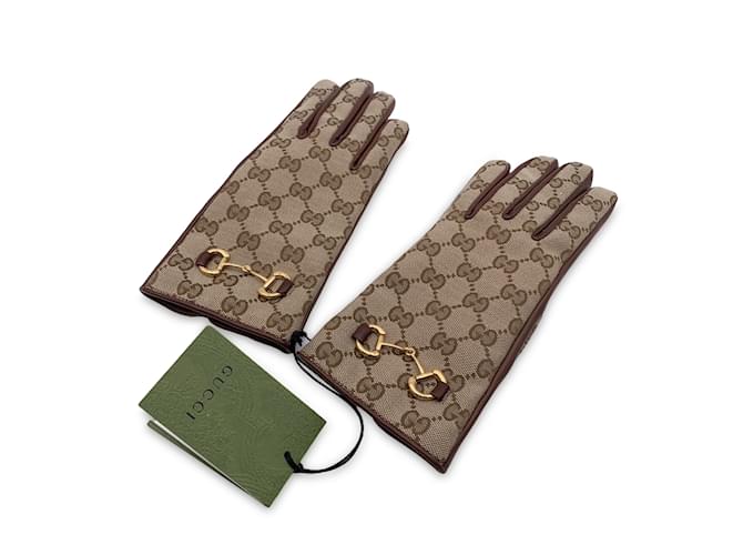 Gucci Monogramm-Segeltuch- und Leder-Frauen-Horsebit-Handschuhe Größe 8 l Braun  ref.823077