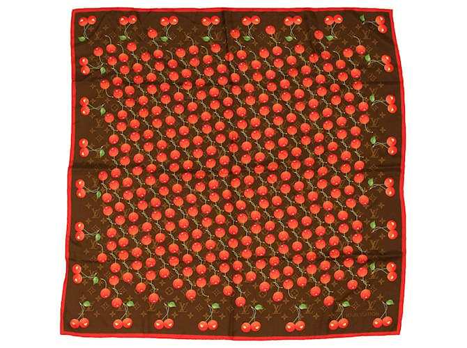 LOUIS VUITTON Monogram Cherry Takashi Murakami Scarf Silk Red Brown Auth am3844  ref.823146