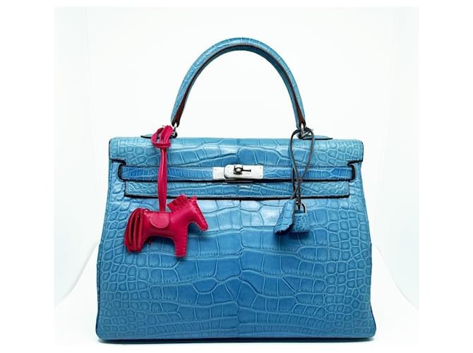 Hermès Bolsa Hermes Kelly devolvida 35 Azul Couros exóticos  ref.825176