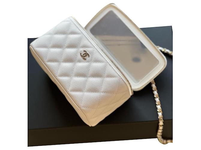 Chanel rectangular vanity case with shoulder strap White Leather