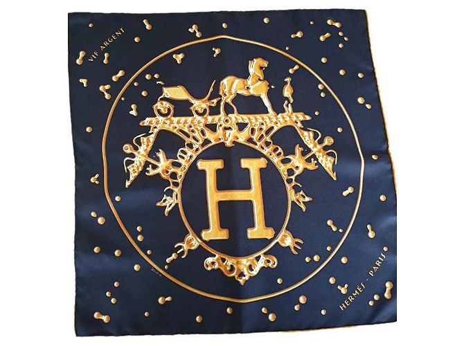 Sciarpa Hermès Gavroche in seta Oro Blu navy D'oro