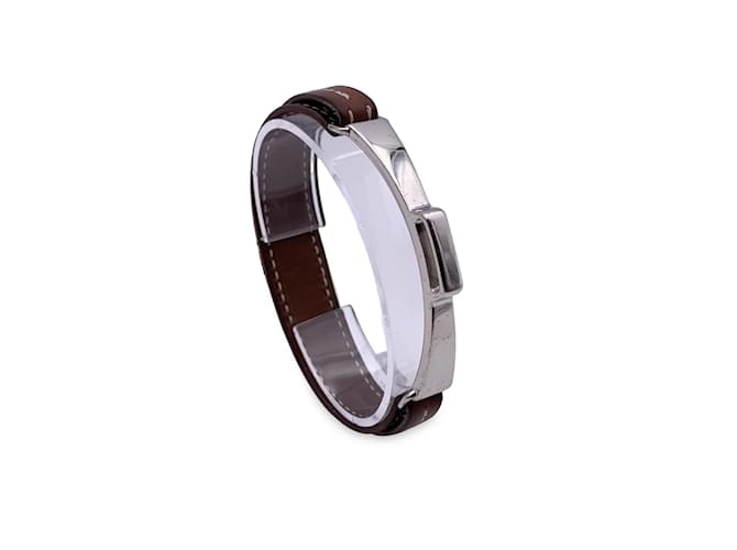 Hermès Hermes pulseira de couro marrom fivela de metal prata com caixa  ref.826343
