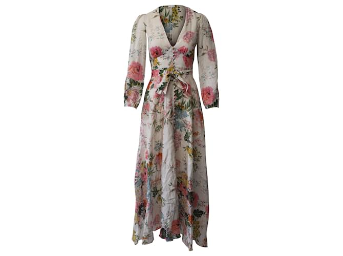 Vestido largo con cuello en V de Zimmermann en lino con estampado floral  ref.826350