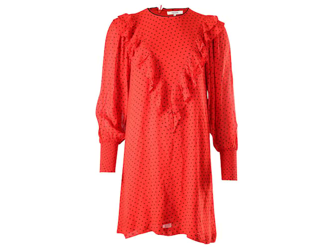 Ganni Polka Dot Ruffled Dress In Red Viscose Cellulose fibre  ref.826352