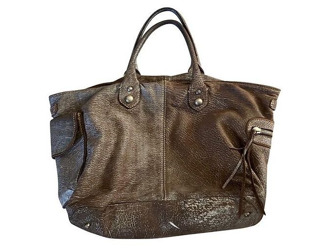 Bolsa Shopper Maliparmi em Couro Cru Prateado Prata Castanho claro