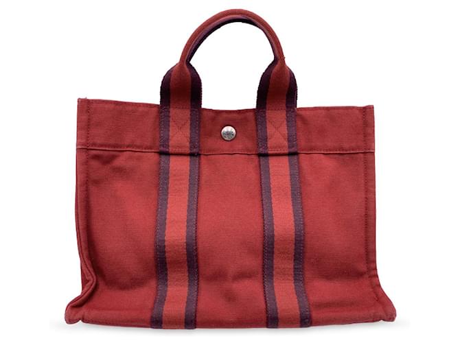 Hermès Hermes Paris Vintage Red Blue Cotton Fourre Tout PM Tote Bag  ref.828358 - Joli Closet