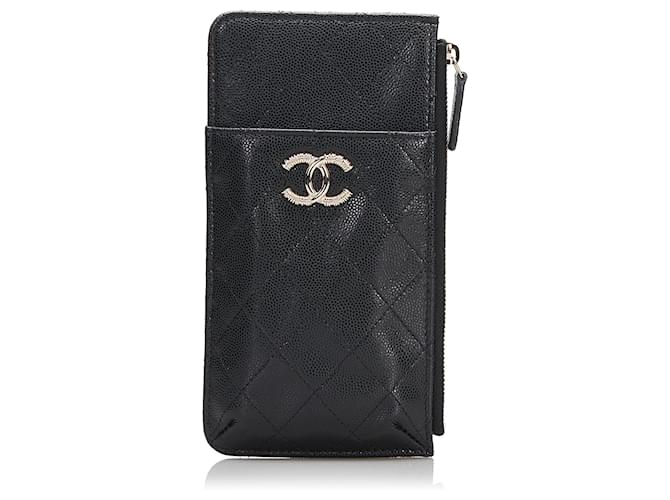 Chanel Black CC Caviar Telefon- und Kartenhalter-Geldbörse Schwarz Leder  ref.828725