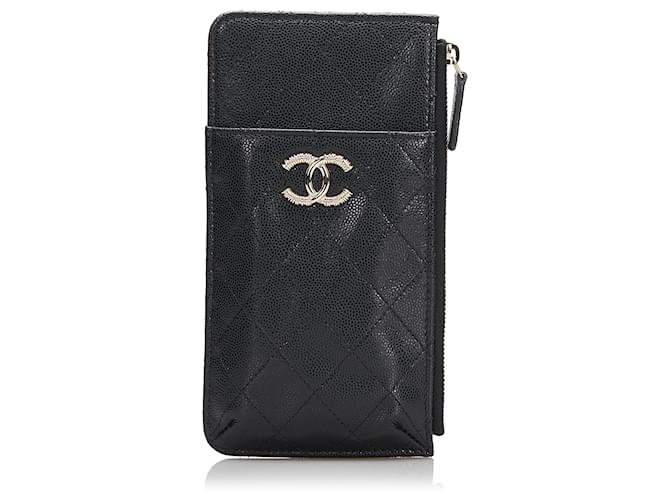 Portefeuille porte-cartes et téléphone CC Caviar noir Chanel Cuir  ref.828725