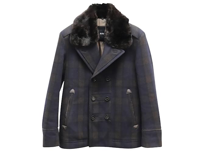 Hugo Boss Boss Fur-Trimmed Plaid Double Breasted Coat in Navy Blue Wool  ref.828760
