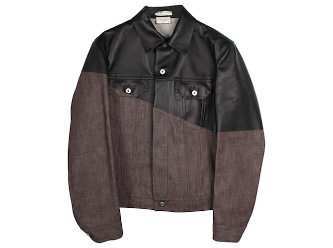 Bottega Veneta Blouson Two-Tone Jacket in Black Leather and Brown Cotton  ref.828778