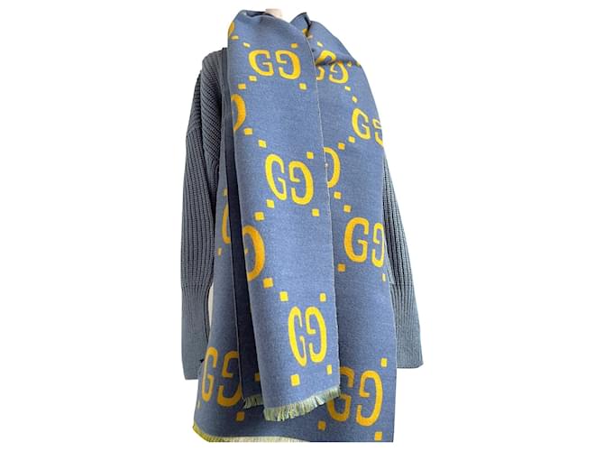 Gucci Lenço de seda de lã jacquard GG Azul  ref.829150