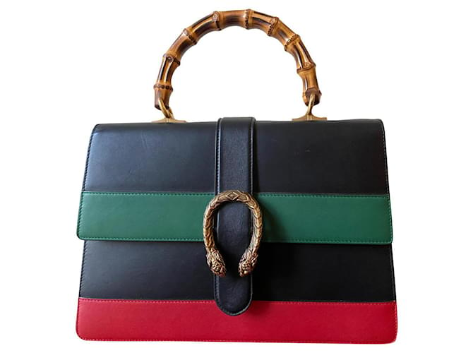 Gucci blue Marine, Green & Red Smooth calf leather Leather Large Dionysus Bamboo Navy blue  ref.829839