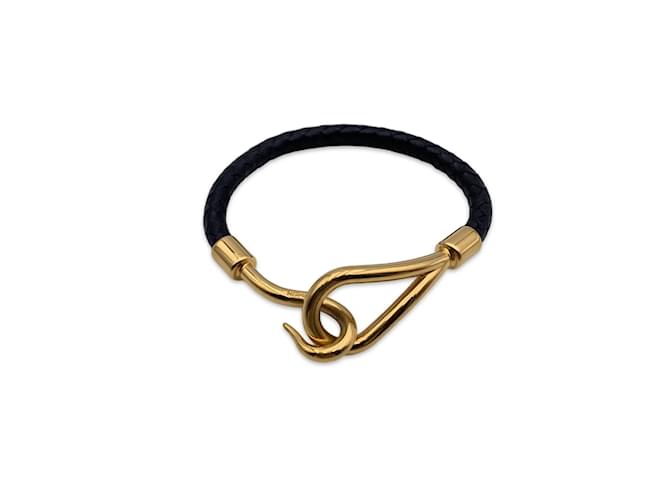 Hermès Bracelet Hermes en cuir tressé noir avec crochet jumbo en métal doré  ref.830089