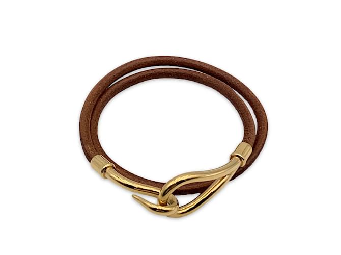 Hermès Hermes Tan cuir doublé tour métal doré bracelet crochet jumbo Marron  ref.830093