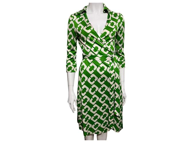 Diane Von Furstenberg Imprimé chaîne DvF Justin, robe portefeuille en soie vintage reissue Blanc Vert  ref.830328