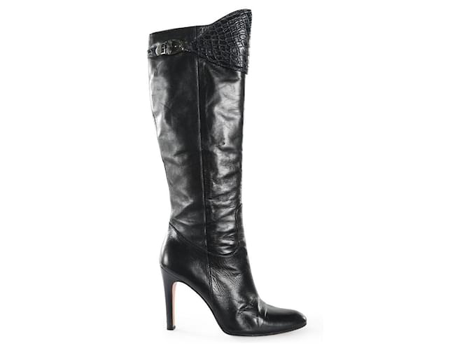 Gucci Black Leather Knee Boots With Crocodile Leather Inserts  ref.830665