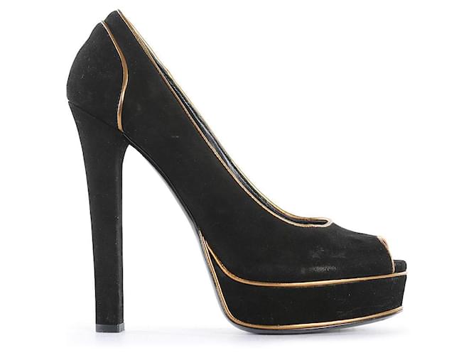 Sapatos peep toe plataforma Gucci preto/dourado camurça e couro Suécia  ref.830780