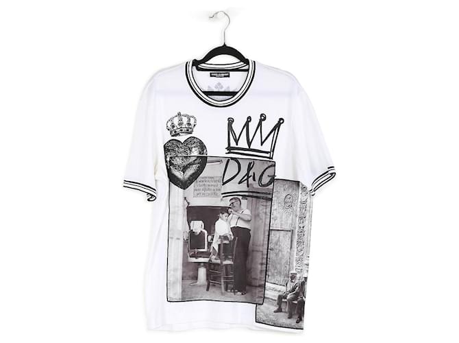 Camiseta manga curta Dolce & Gabbana branca/preta de algodão D&G com motivo de coroa Multicor  ref.830810