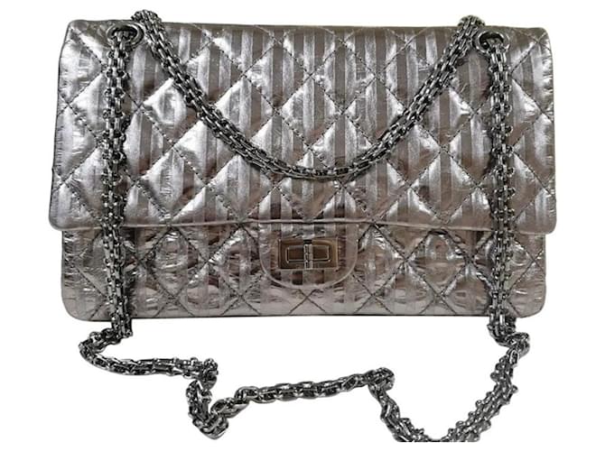 Chanel Silver Striped Quilted Leather Reissue 2.55 Classic lined
