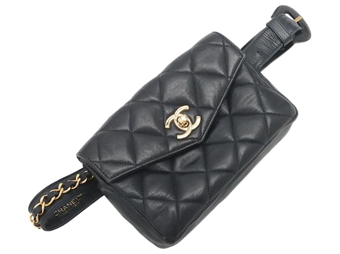 Black Leather Chanel Belt Bag Navy blue  ref.831773